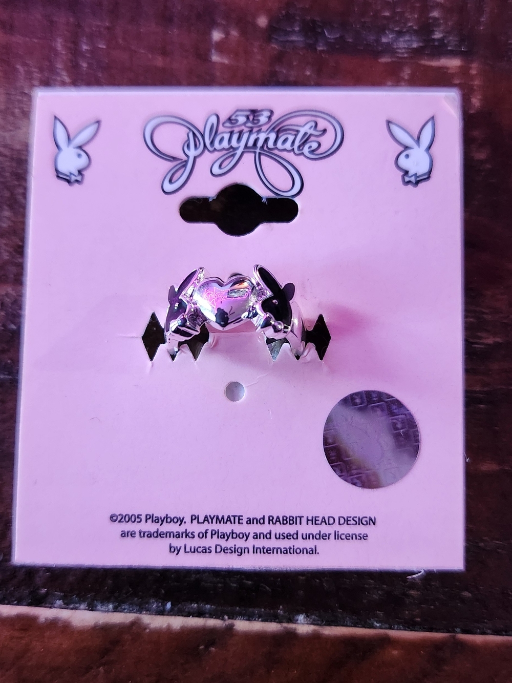 PLAYBOY Silver Heart Ring on Pink Card